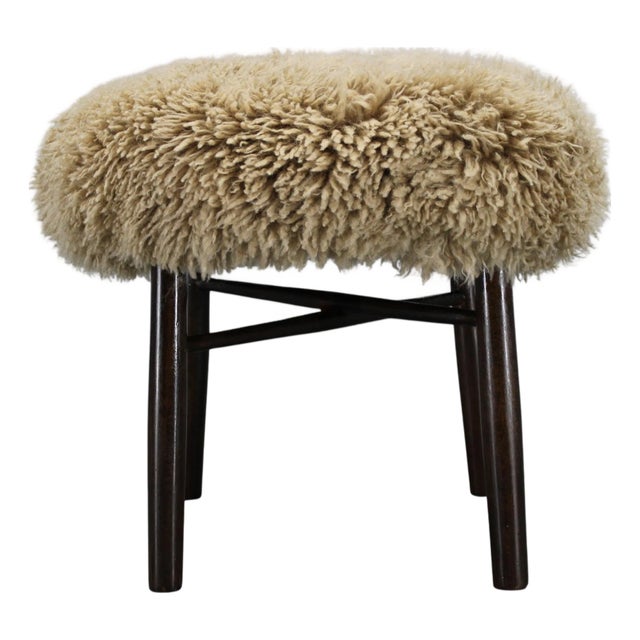 Wooden Stool with Sheepskin Upholstery, 1950s For Sale