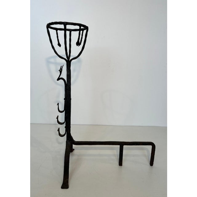 1980s Important pair of wrought iron border andirons with deer heads For Sale - Image 5 of 12
