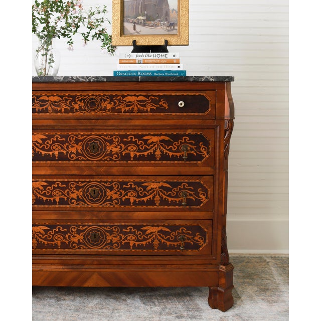19th Century Italian Neoclassical Marquetry Commode With Marble Top For Sale - Image 11 of 12
