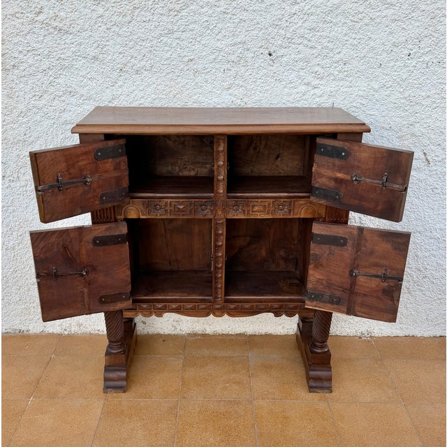 Brown Early 20th Century Rare Spanish Carved Walnut Sideboard With Geometric Panels and Spiral Columns For Sale - Image 8 of 15