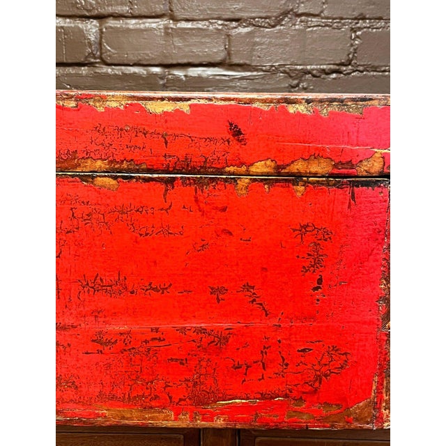 Late 20th Century Antique Tibetan Hand Painted Red Lacquer Trunk Foo Dog Chest 20" For Sale - Image 5 of 9