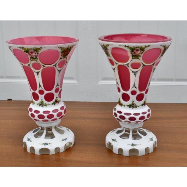 Glass Vintage Pair of Moser? Bohemian Cased Glass Cranberry & White Hand Painted Vases For Sale - Image 7 of 13