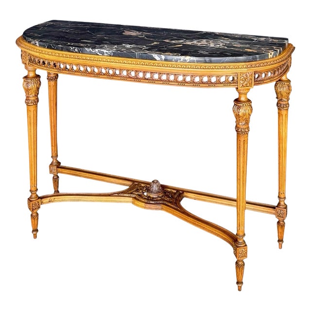 Mid-20th Century Louis XVI Style Demilune Console Table in Bleached Mahogany With Portoro Nero Marble Top For Sale