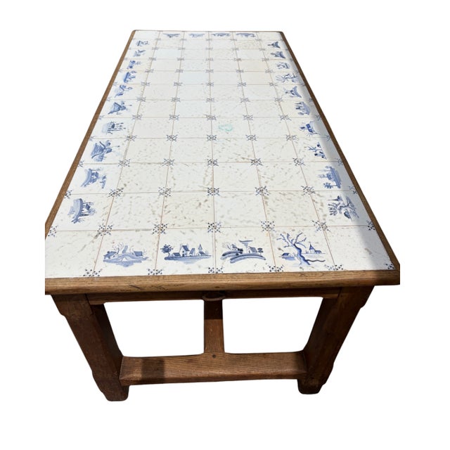 Early 20th Century French or Dutch Farm Style Table With Delft Tile Top and Drawers on Each End For Sale - Image 4 of 5