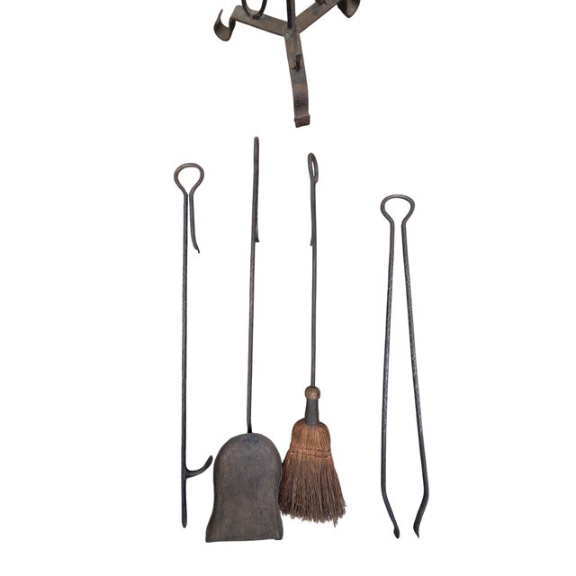 Antique Fireplace Tools Set Arts Crafts Artist Made Hand Forged Wrought Iron For Sale - Image 11 of 16