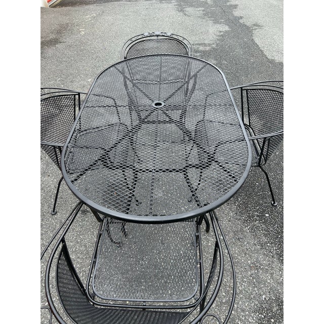 Mid-Century Modern 1960s Wrought Iron Patio Set Table and 4 Barrel Chairs For Sale - Image 3 of 11