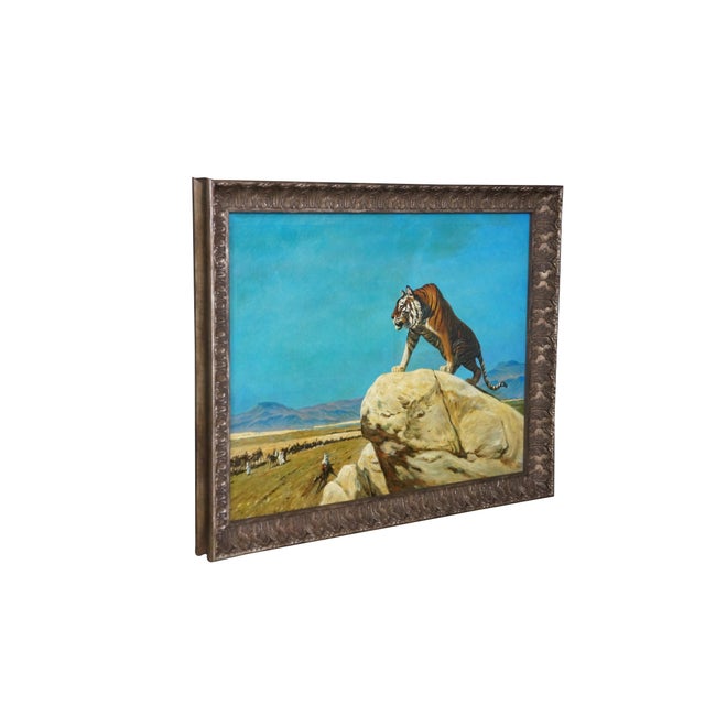 A very large and impressive vintage Tiger on the Watch oil painting after French artist Jean-Léon Gérôme. Originally...