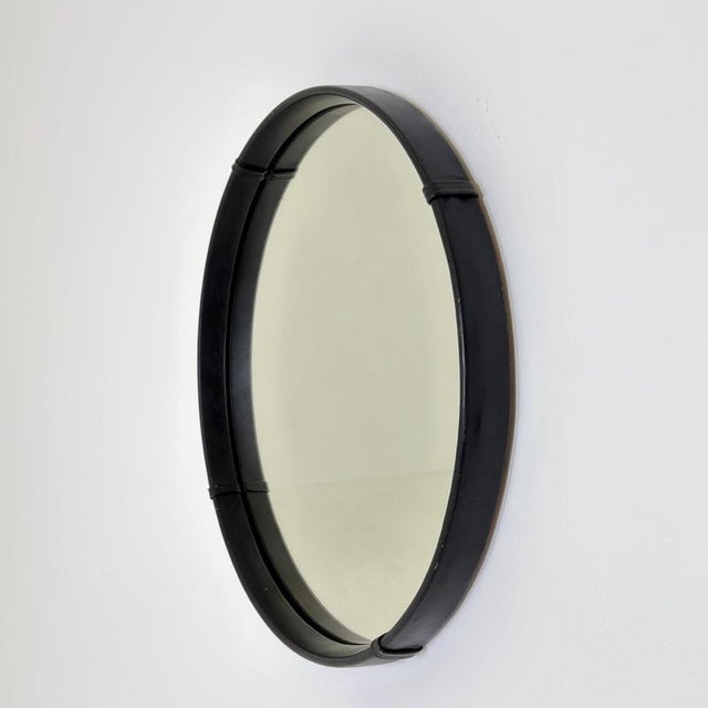 Late 20th Century Mid-Century Modern Round Wall Mirror with Black Leather Frame, 1970s For Sale - Image 5 of 11