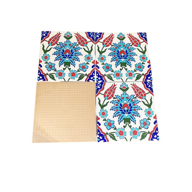 Turkish Turkish Iznik Red & Blue Floral Pattern Ceramic Tile For Sale - Image 3 of 6