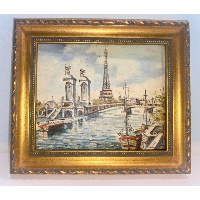 Vintage Miniature Harbor Scene Painting of Paris, France With Eiffel Tower Signed j.s. Reilly For Sale - Image 4 of 7
