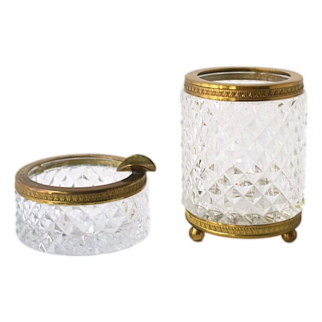 French Cut Crystal Gilt Bronze Vanity Accessories or Smoking Set, Early 20th C For Sale
