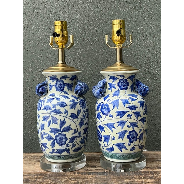 Vintage Asian Blue and White Floral Ceramic Lamps - A Pair For Sale - Image 10 of 12