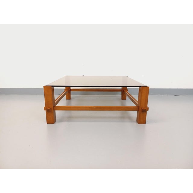 Vintage Square Italian Coffee Table in Wood and Smoked Glass from Fontana Arte, 1960s For Sale - Image 3 of 16
