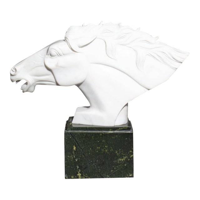 Carved Marble Horse Head Sculpture on Stone Base For Sale