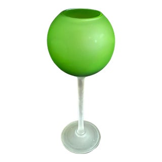Murano Style 1960's Satinato Hand Blown Frosted Tall Green Frosted Stemmed Vase For Sale