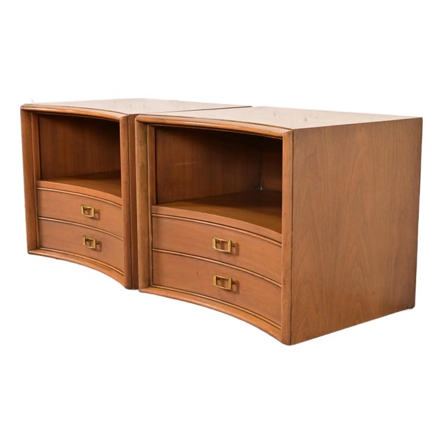 A Pair of Paul Frankl for Johnson Furniture Mid-Century Modern Concave Walnut Nightstands, Circa 1950s For Sale