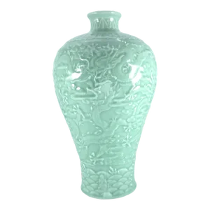 Pale Celadon Dragon Decorated Meiping Vase