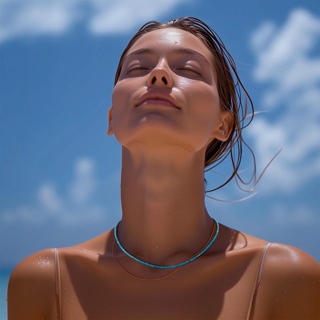 A whisper of color, captured in gold. Tibetan turquoise, cut into tiny tubes that sit flush against the skin. The 18K gold...