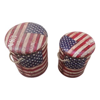1980s American Flag Storage Bins Set of 2 | Rustic Patriotic Metal Baskets With Lids | Americana Home Decor for Man Cave |Distressed Usa Flag Gift For Sale