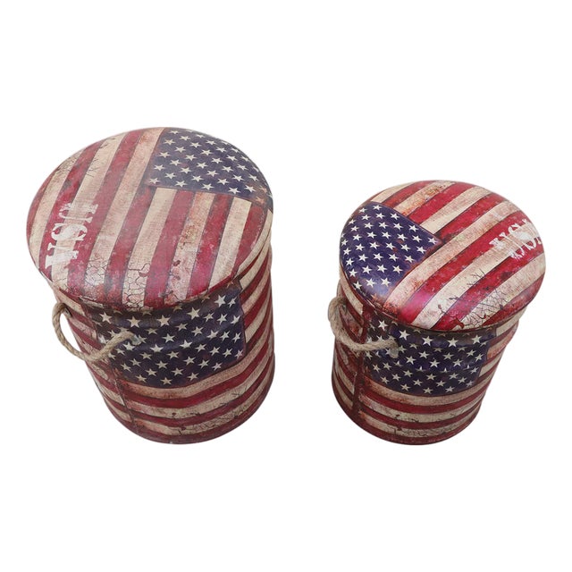1980s American Flag Storage Bins Set of 2 | Rustic Patriotic Metal Baskets With Lids | Americana Home Decor for Man Cave |Distressed Usa Flag Gift For Sale