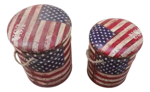 1980s American Flag Storage Bins Set of 2 | Rustic Patriotic Metal Baskets With Lids | Americana Home Decor for Man Cave |Distressed Usa Flag Gift