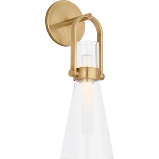 Ian K. Fowler for Visual Comfort Signature Larkin Medium Conical Bracketed Sconce in Hand-Rubbed Antique Brass with Clear Glass For Sale
