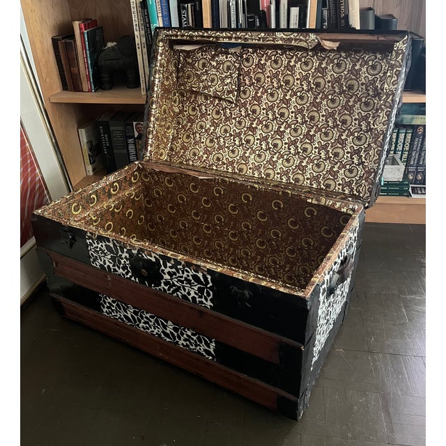 Wood Antique Steamer Trunk Dome Top Embossed Metal Finish With Wheels For Sale - Image 7 of 10