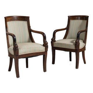 Pair of 19th Century French Chestnut Brown Empire Upholstered Armchairs For Sale