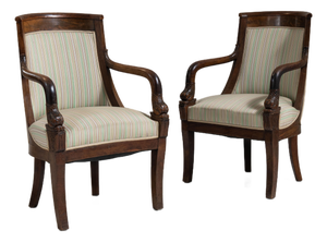 Pair of 19th Century French Chestnut Brown Empire Upholstered Armchairs