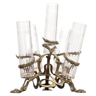 Art Nouveau 5 Branches Center Piece Cut Glass Vases For Sale