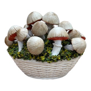 Italian Midcentury Hand Painted Trompe L’oeil Mushrooms in Ceramic Basket. For Sale