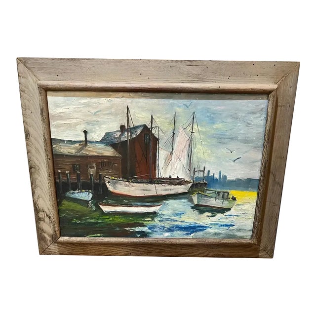 Mid Century Painting of Sailboats in Harbor For Sale