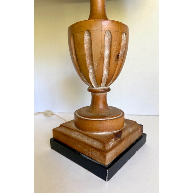 Vintage Neoclassical Whitewashed Carved Wood Urn Table Lamp With Black Shade For Sale In Los Angeles - Image 6 of 11