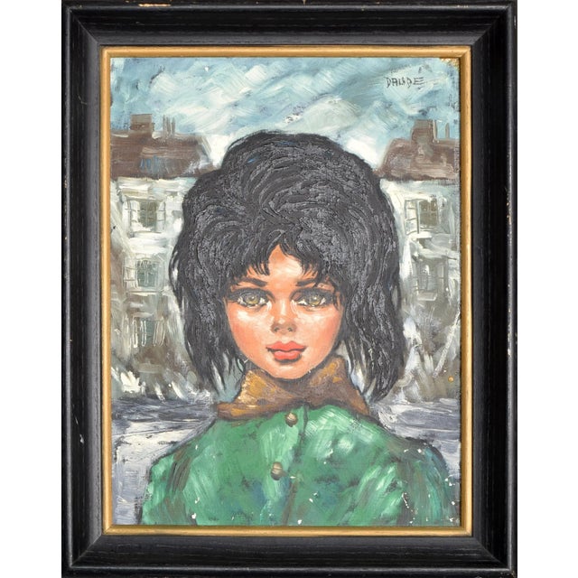1960s 1960 Andre Daude Big Eyed French Girl Painting Oil Canvas Black Frame Green Coat For Sale - Image 5 of 13