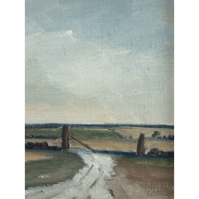 Mid-Century Modern 'Haystacks by the Gate' Vintage Original Landscape Oil Painting, Framed For Sale - Image 9 of 11