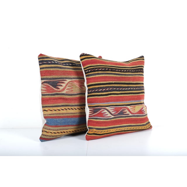 Striped Design Turkish Anatolian Kilim Pillow Cover - A Pair Elevate your home decor with these exquisite 18" x 18''...