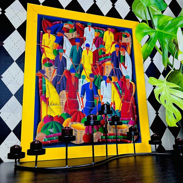Signed Haitian Market Scene Folk Art Painting in Yellow Frame, 26" For Sale In Boston - Image 6 of 11