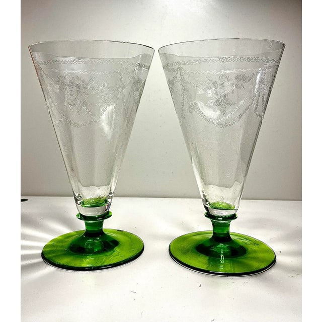 Early 20th Century Early 20th Century Crystal Needle Etch Green Footed Tumblers- Set of 2 For Sale - Image 5 of 6