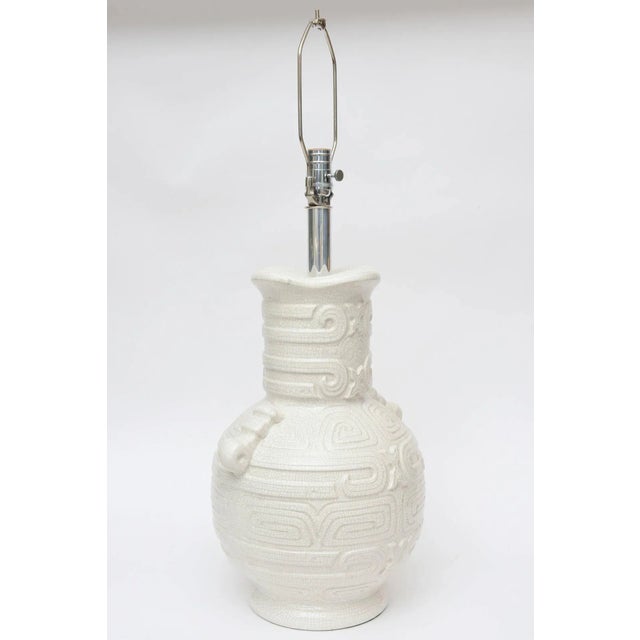 White Italian Vintage Crackled Glazed Ceramic Monumental Table or Desk Lamp Aztec Design For Sale - Image 8 of 11