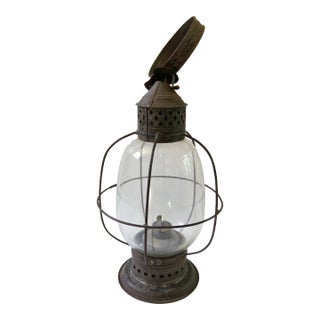 19th Century American Whale Oil Lantern With Cage and Glass Shade For Sale