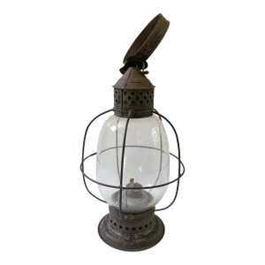 19th Century American Whale Oil Lantern With Cage and Glass Shade