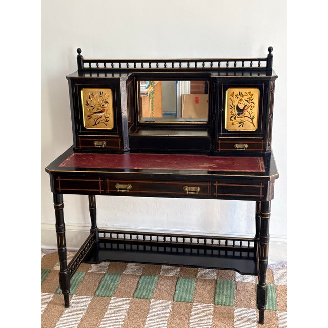 Vintage Chinoiserie Bonheur Du Jour Desk With Hand-Painted Panels & Mirror For Sale - Image 10 of 12