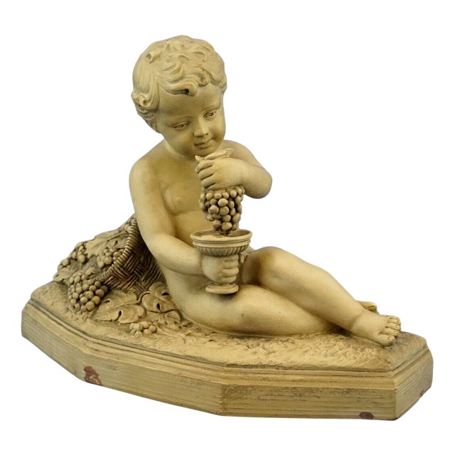 Bacchanalian Putto Child Bacchus Terracotta Sculpture by Bohumil Rezl, Czechoslovakia, 1800s For Sale