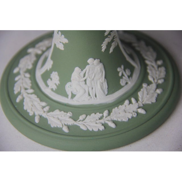 1990s Vintage Wedgwood Green Jasperware White Cameo Candle Candlesticks-Set of 2 For Sale - Image 5 of 7