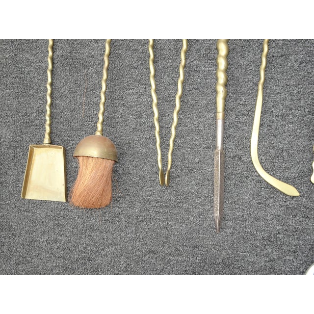 1970s French Country Barley Twist Gold Brass Fireplace Tools - 7 Pieces For Sale - Image 9 of 13