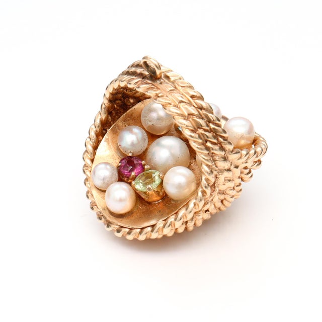Vintage 14k Yellow Gold, Pearl, and Tourmaline Figural Easter Basket Charm For Sale - Image 11 of 17
