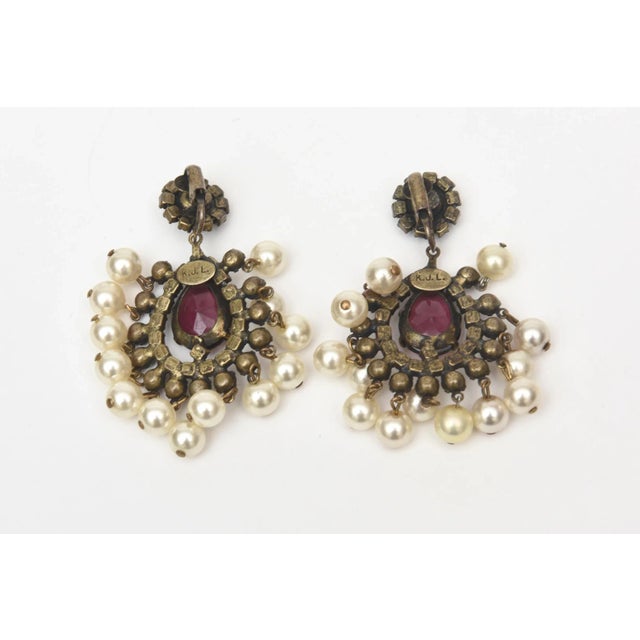1960s Vintage Kenneth Jay Lane Green, Purple Pearl Dangle Chandelier Clip On Earrings - 2 Pieces For Sale - Image 5 of 7