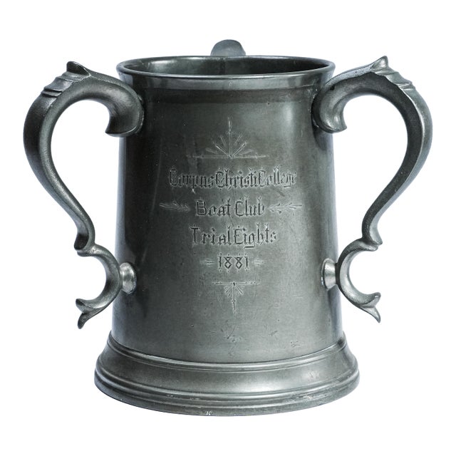 Fantastic Triple Handle Antique Trophy Tankard Pewter Cup Victorian University Rowing Crew Sports Home Decor For Sale