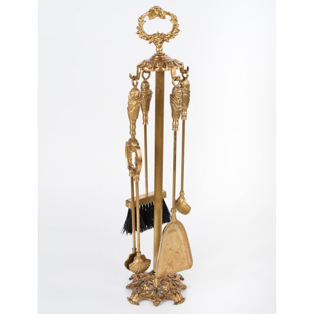 Spectacular and Exceptionally Heavy 1950s Spanish Revival Style Solid Sand-Cast Brass 5-Piece Fireplace Tools Companion...