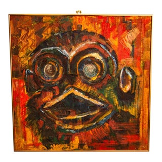 Mid Century Modern Wall Art Bird Portrait Abstract Orange Black Yellow Square For Sale